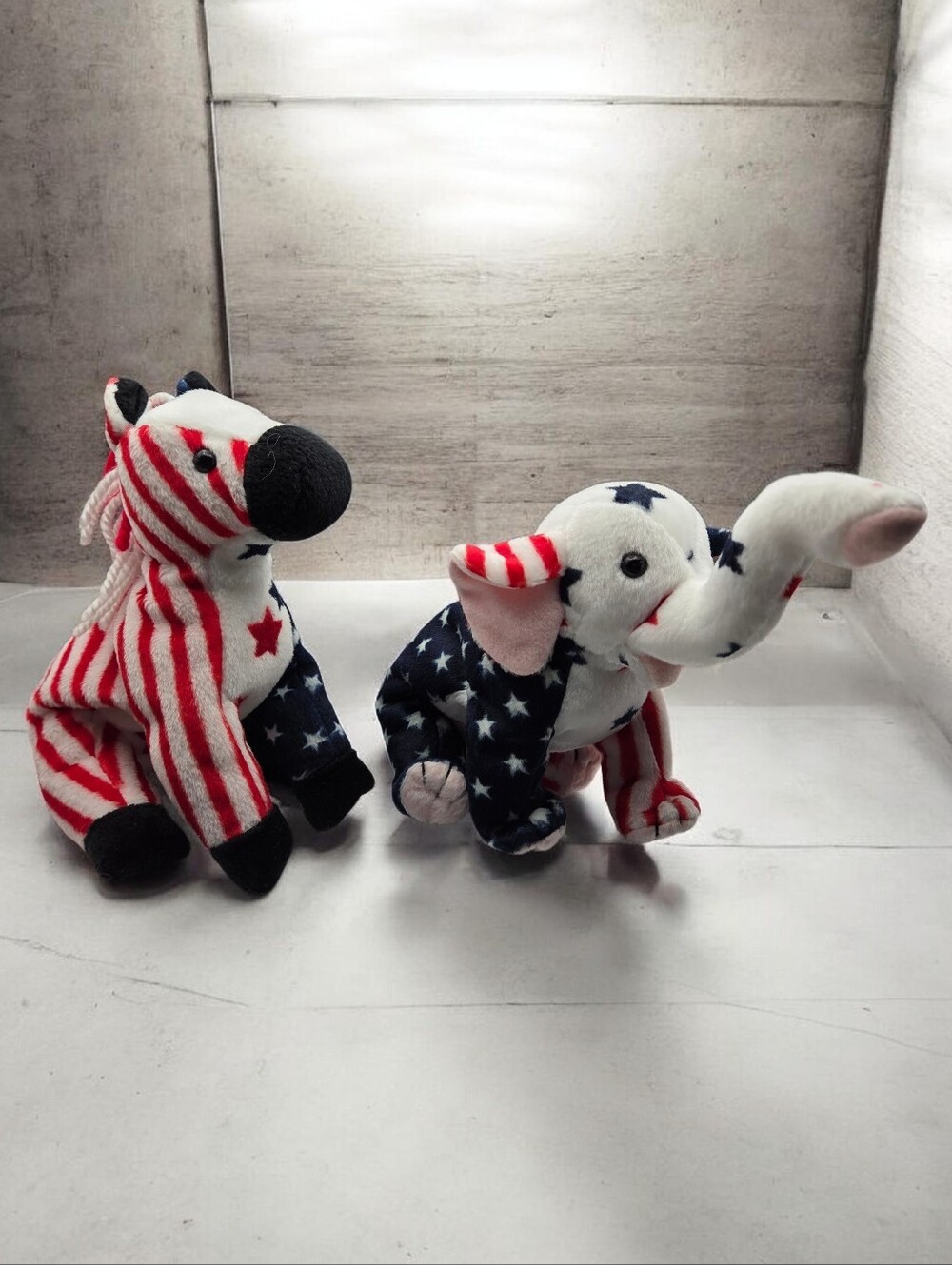 Ty Patriotic Beanie Babie Elephant Donkey - Red White Blue Stars & Stripes